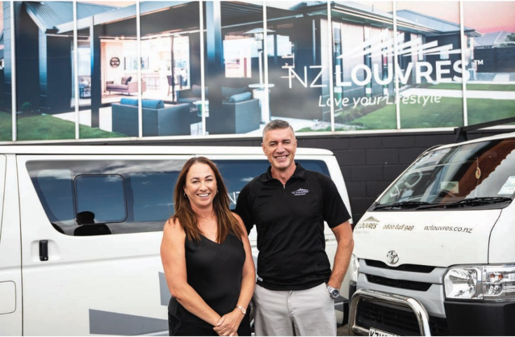 Nadia & Steffan Founders of NZ Louvres stand proudly infront of NZ Louvre Head office in Cambridge.