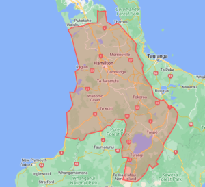 A map of NZ Louvres Waikato servicing region