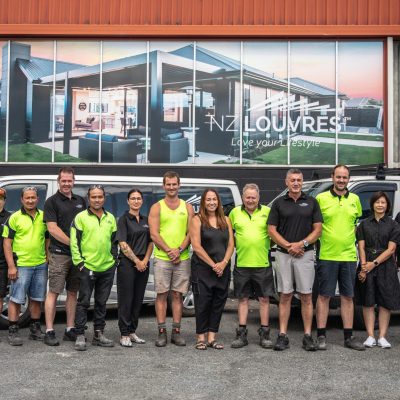 The NZ Louvres team stand outside the head office building in Waikato