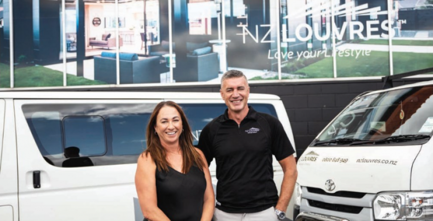 Nadia & Steffan Founders of NZ Louvres stand proudly infront of NZ Louvre Head office in Cambridge.